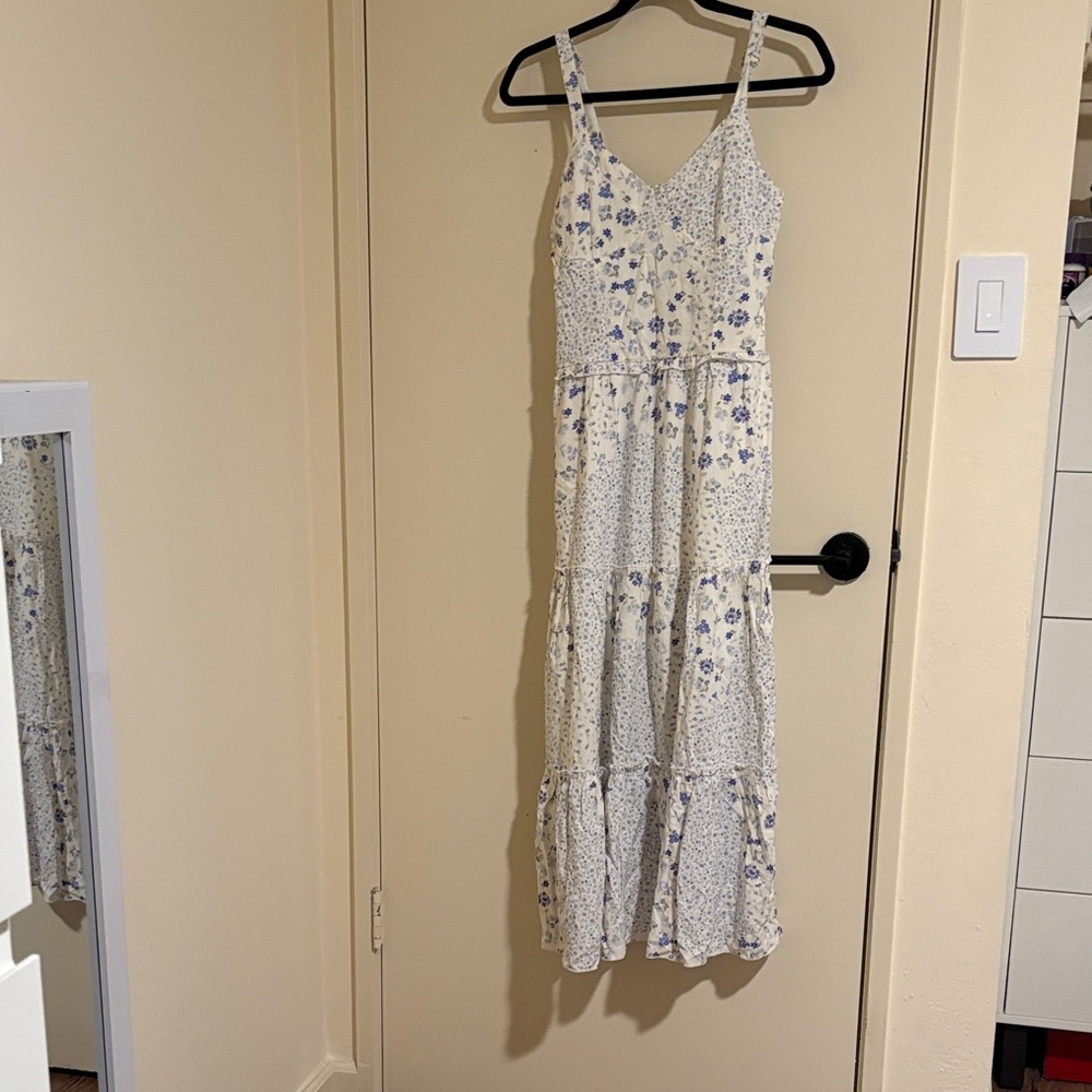 Floral White and Blue Maxi Dress